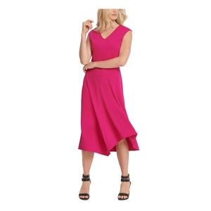 DKNY NWT Sleeveless V Neck Midi Dress Asymmetrical Hem Office Wear Pink Sm New